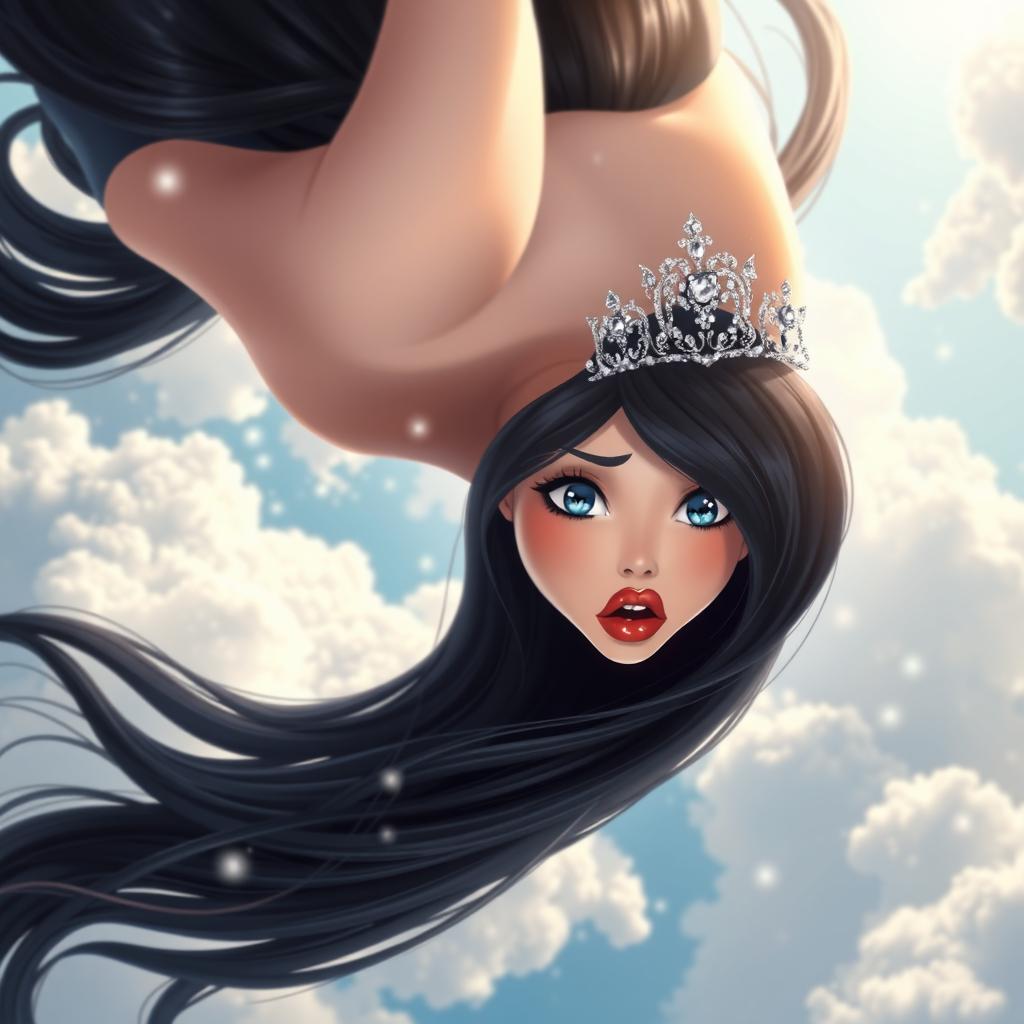 A sexy black-haired princess wearing a sparkling tiara, with striking blue eyes and luscious red lips, is depicted falling from the sky