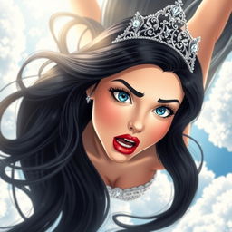 A sexy black-haired princess wearing a sparkling tiara, with striking blue eyes and luscious red lips, is depicted falling from the sky