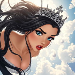 A sexy black-haired princess wearing a sparkling tiara, with striking blue eyes and luscious red lips, is depicted falling from the sky