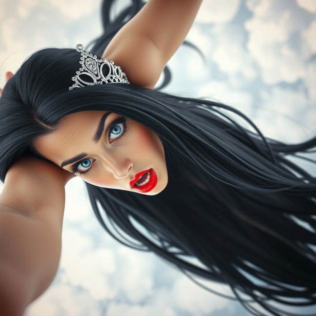 A sexy black-haired princess, adorned with a sparkling tiara, has striking blue eyes and vibrant red lips