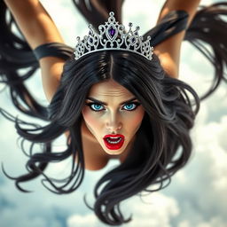A sexy black-haired princess, adorned with a sparkling tiara, has striking blue eyes and vibrant red lips