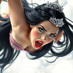 A sexy black-haired princess, adorned with a sparkling tiara, has striking blue eyes and vibrant red lips