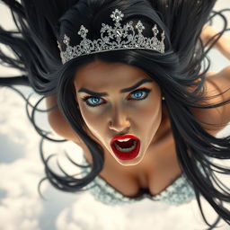 A sexy black-haired princess, adorned with a sparkling tiara, has striking blue eyes and vibrant red lips