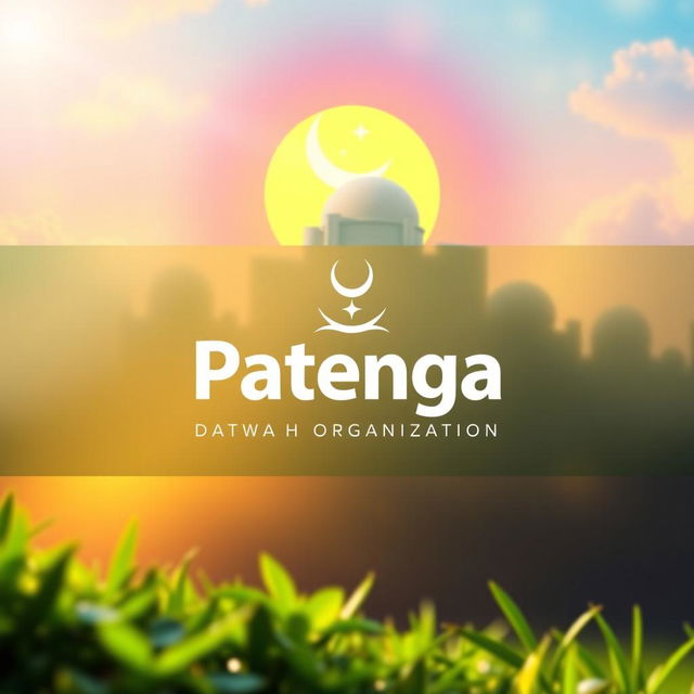 A visually striking Facebook cover photo for the Patenga Catalyst Dawah Organisation that includes a serene yet vibrant background representing peace and unity, with symbols of Islamic faith such as a crescent moon and star subtly integrated into the design