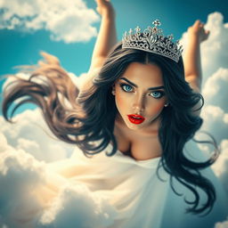 A stunning scene of a sexy black-haired princess with striking blue eyes and luscious red lips, wearing a sparkling tiara, gracefully falling from the sky