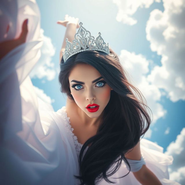 A stunning scene of a sexy black-haired princess with striking blue eyes and luscious red lips, wearing a sparkling tiara, gracefully falling from the sky