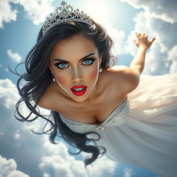 A stunning scene of a sexy black-haired princess with striking blue eyes and luscious red lips, wearing a sparkling tiara, gracefully falling from the sky