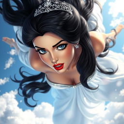 A stunning scene of a sexy black-haired princess with striking blue eyes and luscious red lips, wearing a sparkling tiara, gracefully falling from the sky