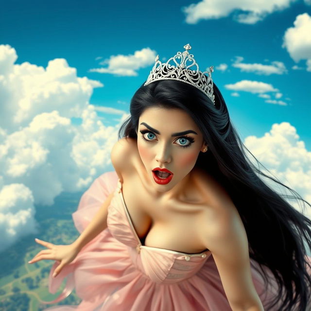 A sexy princess with sleek black hair cascading down her shoulders, adorned with a glittering tiara