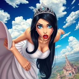 A sexy princess with sleek black hair cascading down her shoulders, adorned with a glittering tiara