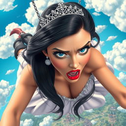 A sexy princess with sleek black hair cascading down her shoulders, adorned with a glittering tiara