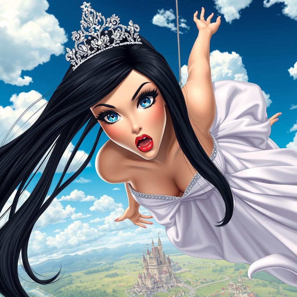 A sexy princess with sleek black hair cascading down her shoulders, adorned with a glittering tiara