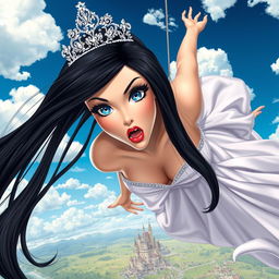 A sexy princess with sleek black hair cascading down her shoulders, adorned with a glittering tiara