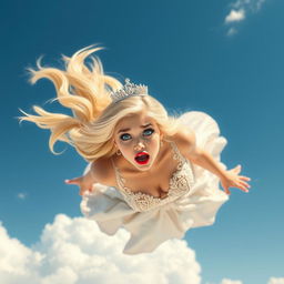 A sexy blonde princess with a sparkling tiara, striking blue eyes, and bold red lips, gracefully falling from the sky