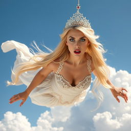 A sexy blonde princess with a sparkling tiara, striking blue eyes, and bold red lips, gracefully falling from the sky