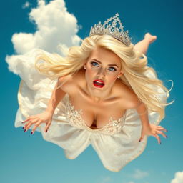A sexy blonde princess with a sparkling tiara, striking blue eyes, and bold red lips, gracefully falling from the sky