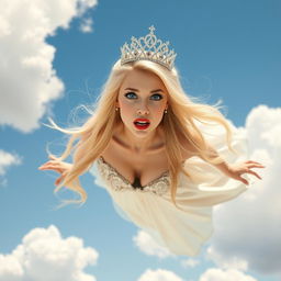 A sexy blonde princess with a sparkling tiara, striking blue eyes, and bold red lips, gracefully falling from the sky