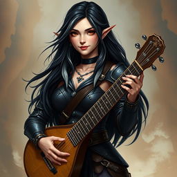 A full-body portrait of a female half-elf bard named Adzira, featuring long black hair with elegant white streaks