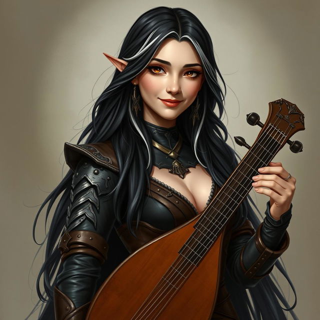 A full-body portrait of a female half-elf bard named Adzira, featuring long black hair with elegant white streaks