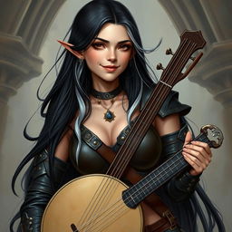 A full-body portrait of a female half-elf bard named Adzira, featuring long black hair with elegant white streaks