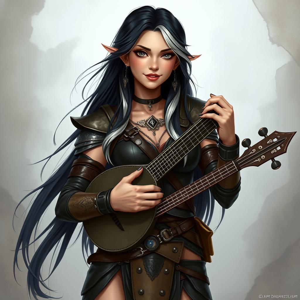 A full-body portrait of a female half-elf bard named Adzira, featuring long black hair with elegant white streaks