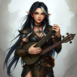 A full-body portrait of a female half-elf bard named Adzira, featuring long black hair with elegant white streaks