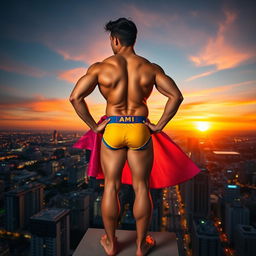 A superhero standing confidently on top of a tall building at sunset, wearing only bright and colorful underwear