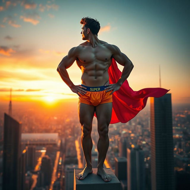 A superhero standing confidently on top of a tall building at sunset, wearing only bright and colorful underwear