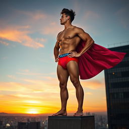 A superhero standing confidently on top of a tall building at sunset, wearing only bright and colorful underwear