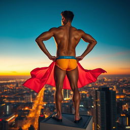 A superhero standing confidently on top of a tall building at sunset, wearing only bright and colorful underwear