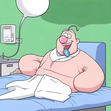 In the animated TV show, the character undergoes a comical abdominovesical surgery after he accidentally swallows a deflated balloon.