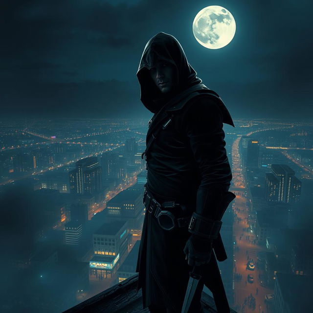 A skilled assassin cloaked in shadows, standing on a rooftop overlooking a sprawling city at night