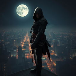 A skilled assassin cloaked in shadows, standing on a rooftop overlooking a sprawling city at night