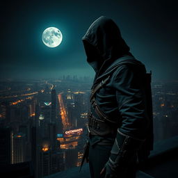 A skilled assassin cloaked in shadows, standing on a rooftop overlooking a sprawling city at night