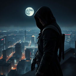 A skilled assassin cloaked in shadows, standing on a rooftop overlooking a sprawling city at night