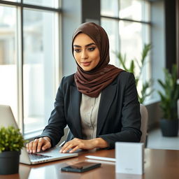 A professional and elegant female secretary wearing a stylish hijab, seated at a modern office desk