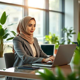 A professional and elegant female secretary wearing a stylish hijab, seated at a modern office desk