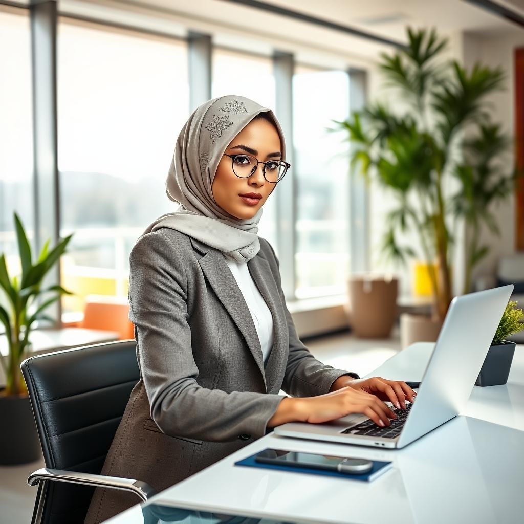 A professional and elegant female secretary wearing a stylish hijab, seated at a modern office desk