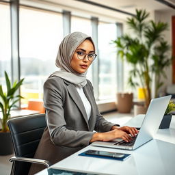 A professional and elegant female secretary wearing a stylish hijab, seated at a modern office desk