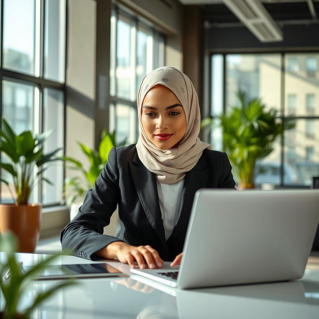 A professional and elegant female secretary wearing a stylish hijab, seated at a modern office desk