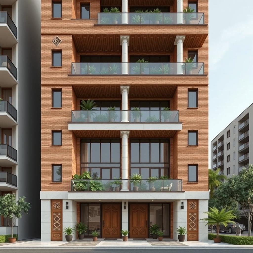 A 20-story residential tower design with a width of 50 meters, featuring a warm and beautiful façade made from traditional bricks in natural colors and white travertine stone used strategically for visual appeal and durability