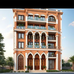 A 20-story residential tower design with a width of 50 meters, featuring a warm and beautiful façade made from traditional bricks in natural colors and white travertine stone used strategically for visual appeal and durability