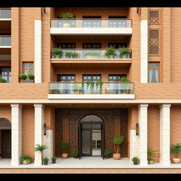 A 20-story residential tower design with a width of 50 meters, featuring a warm and beautiful façade made from traditional bricks in natural colors and white travertine stone used strategically for visual appeal and durability