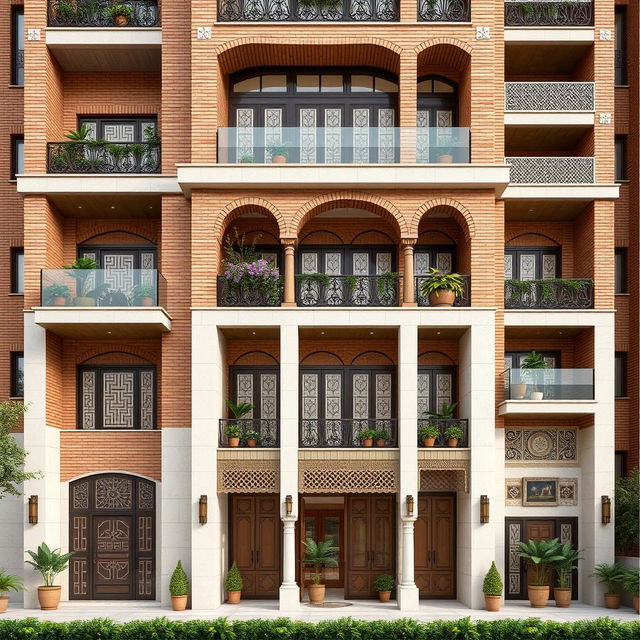 A 20-story residential tower design with a width of 50 meters, featuring a warm and beautiful façade made from traditional bricks in natural colors and white travertine stone used strategically for visual appeal and durability