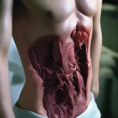 The intense movie scene showed a character getting stabbed in the abdomen, causing damage to both the abdomen and the urinary bladder, resulting in an abdominovesical injury.
