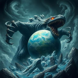 A gigantic, terrifying monster, with sharp claws and glowing eyes, voraciously devouring the Earth