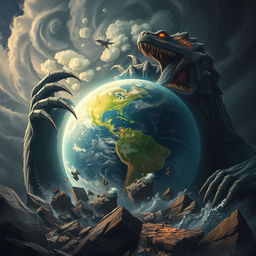 A gigantic, terrifying monster, with sharp claws and glowing eyes, voraciously devouring the Earth