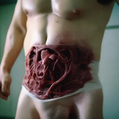 The intense movie scene showed a character getting stabbed in the abdomen, causing damage to both the abdomen and the urinary bladder, resulting in an abdominovesical injury.