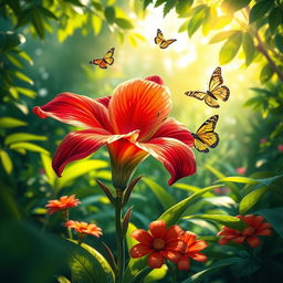 A beautifully detailed and vibrant depiction of an exotic flower blooming in a lush garden