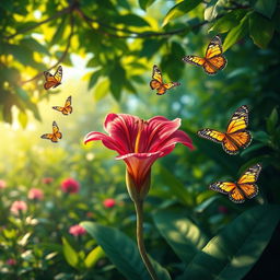 A beautifully detailed and vibrant depiction of an exotic flower blooming in a lush garden